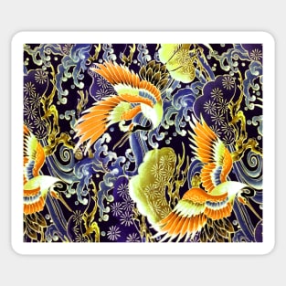 YELLOW ORANGE FLYING CRANES ,FLOWERS, SEA WAVES RED NAVY BLUE FLORAL Sticker
